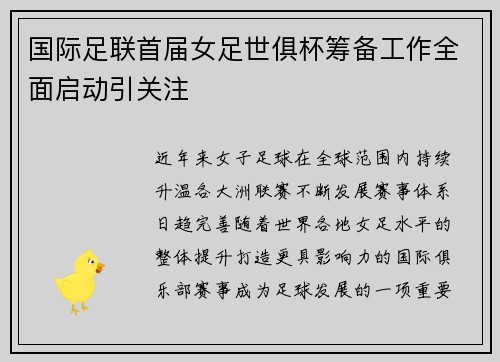 国际足联首届女足世俱杯筹备工作全面启动引关注 国际足联首届女足世俱杯筹备工作全面启动引关注